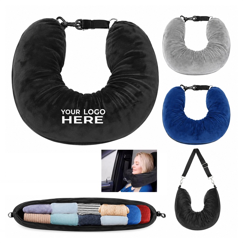 SMPXL092 Velvet Travel Neck Pillow w/ Storage Compartment