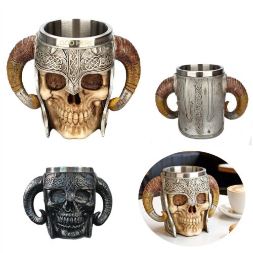 SMPSH174 Viking Skull Mug with Horn Handles
